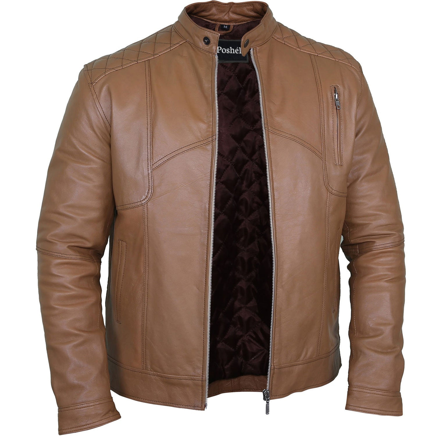 Chase Light Brown Leather Biker Jacket Open Front