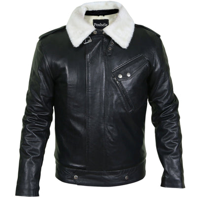 Dale Black Leather Jacket with Fur Collar Front Pose