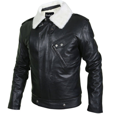 Dale Black Leather Jacket with Fur Collar Left Side Pose