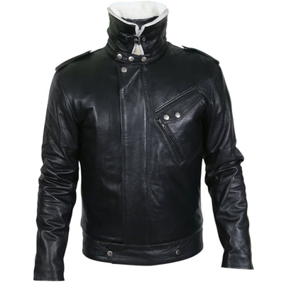 Dale Black Leather Jacket with Fur Collar Open Front