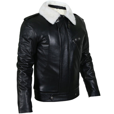 Dale Black Leather Jacket with Fur Collar Right Side Pose