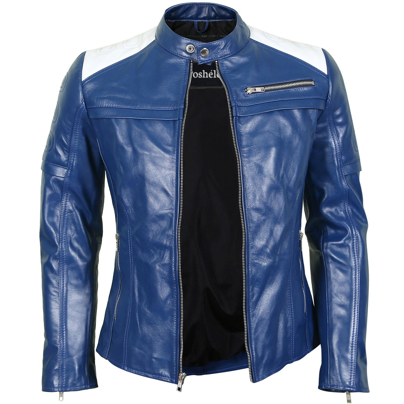 Evelyn Blue Leather Biker Jacket Front Pose