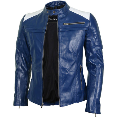 Evelyn Blue Leather Biker Jacket Open Front