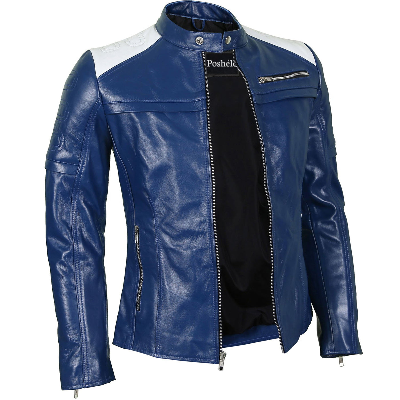 Evelyn Blue Leather Biker Jacket Side Pose