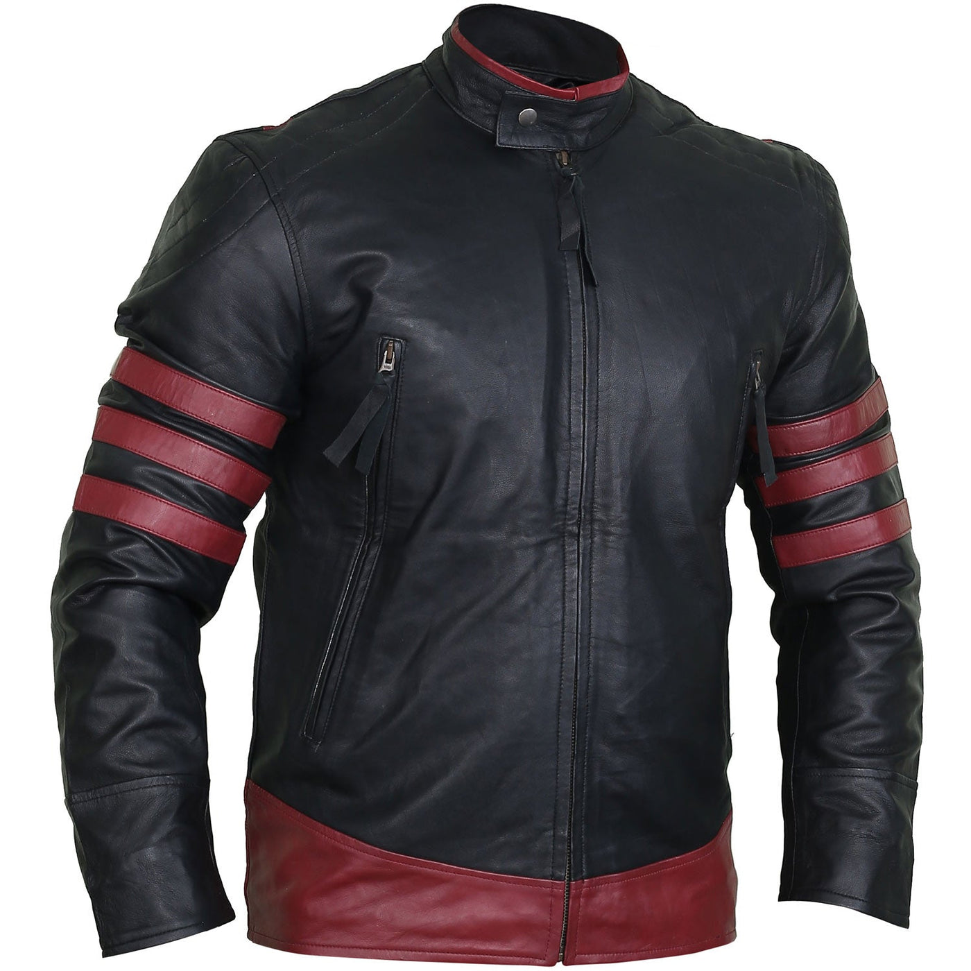 Henry Red and Black Leather Biker Jacket Right Side Pose