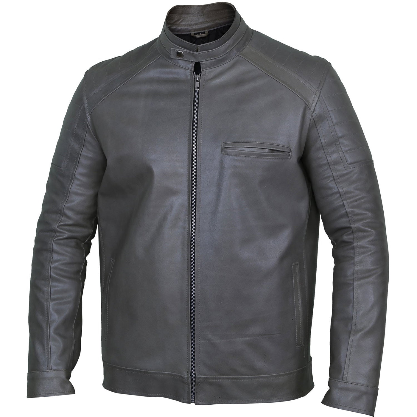 Jackson Grey Leather Biker Jacket Closed Front