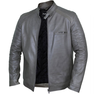 Jackson Grey Leather Biker Jacket Left Side Pose