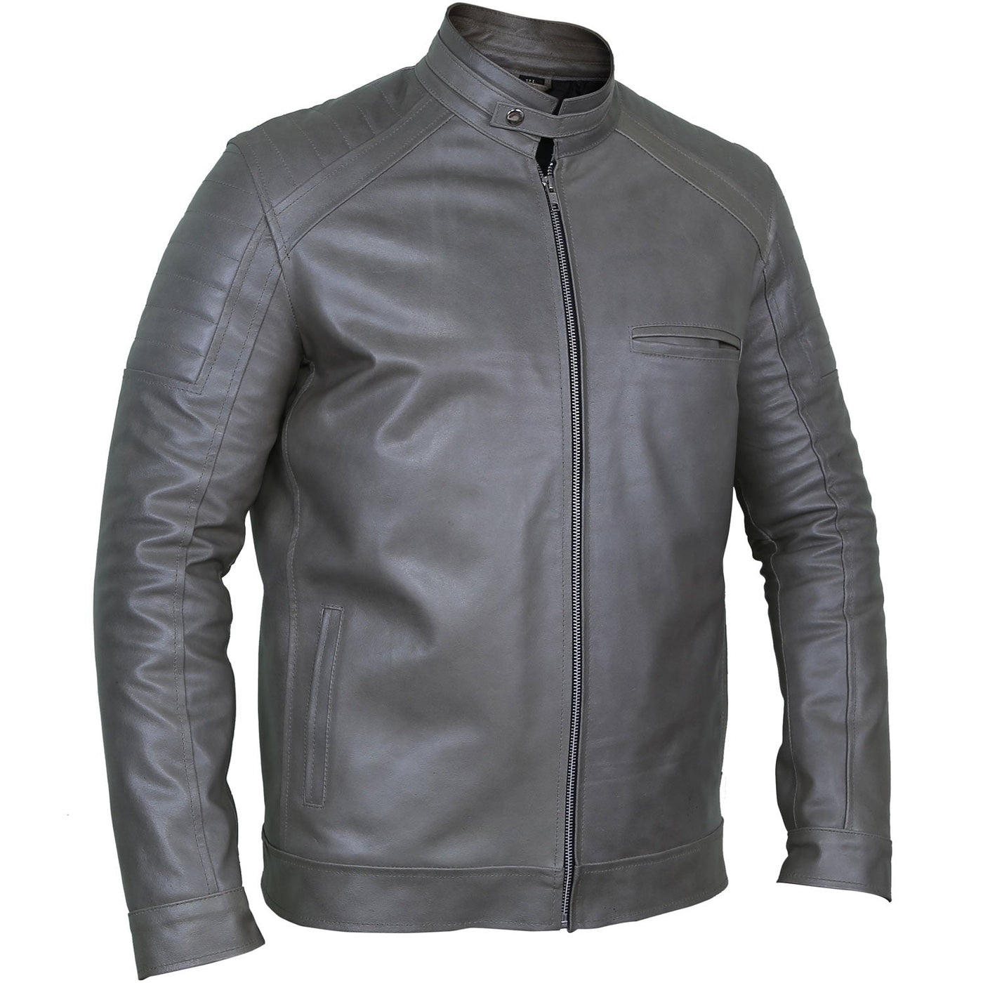 Jackson Grey Leather Biker Jacket Right Side Pose