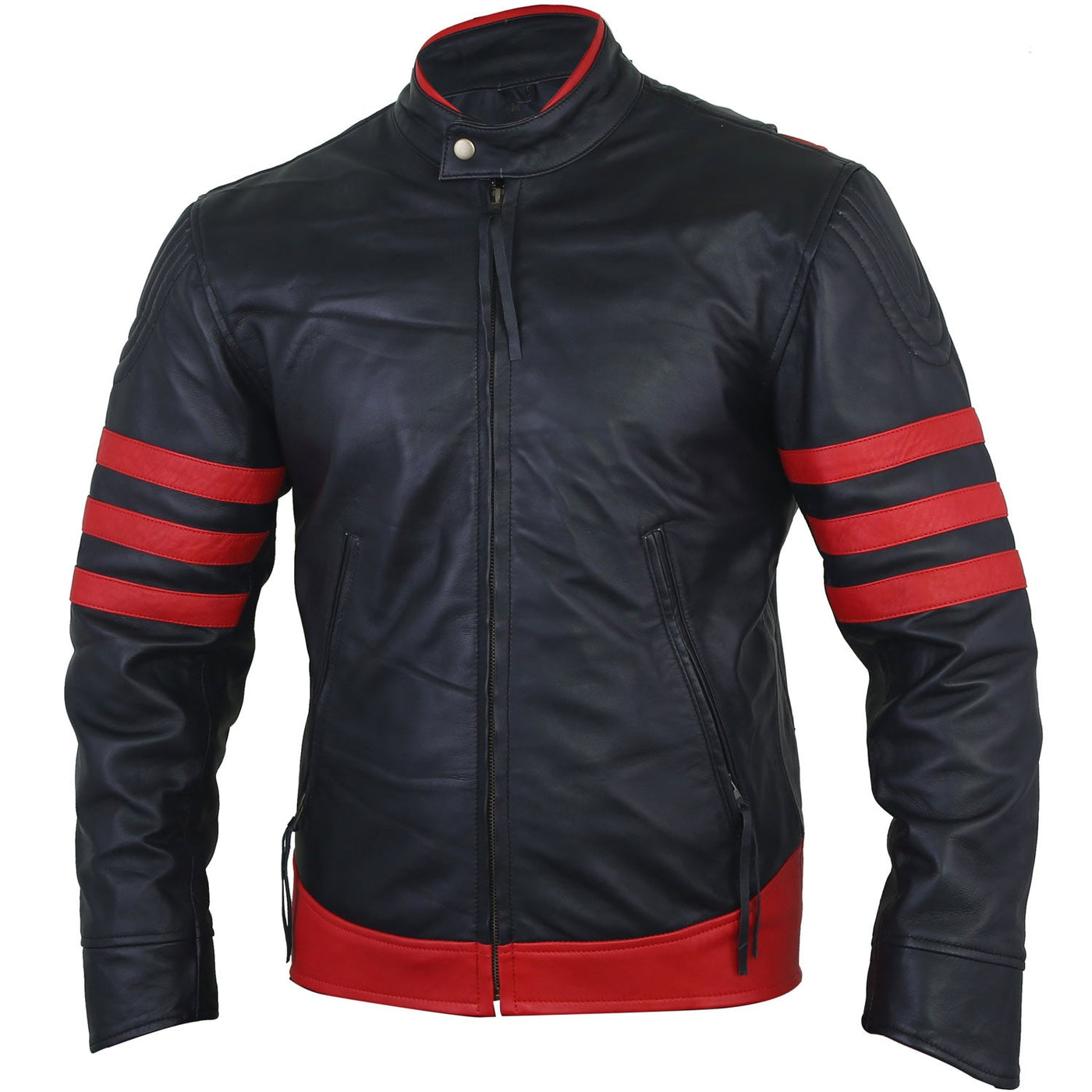 Liam Red and Black Leather Biker Jacket Front Pose