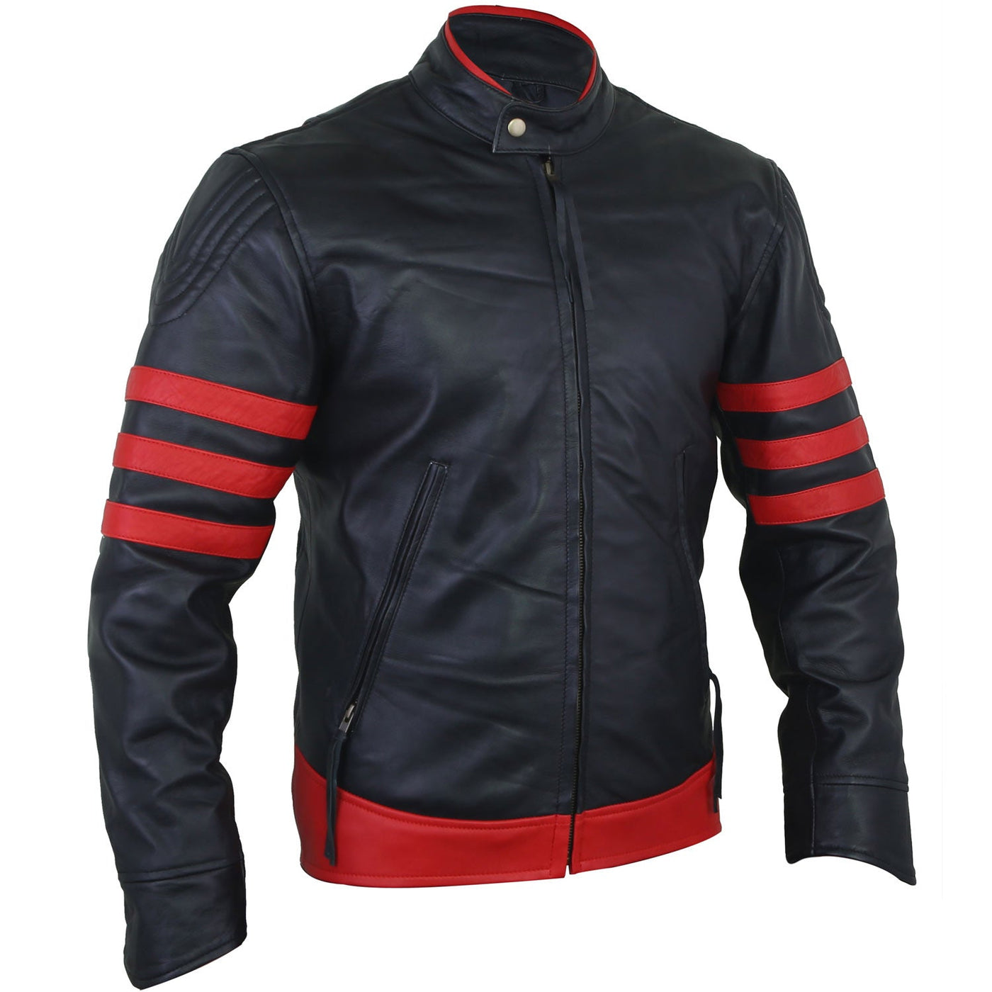 Liam Red and Black Leather Biker Jacket Side Pose