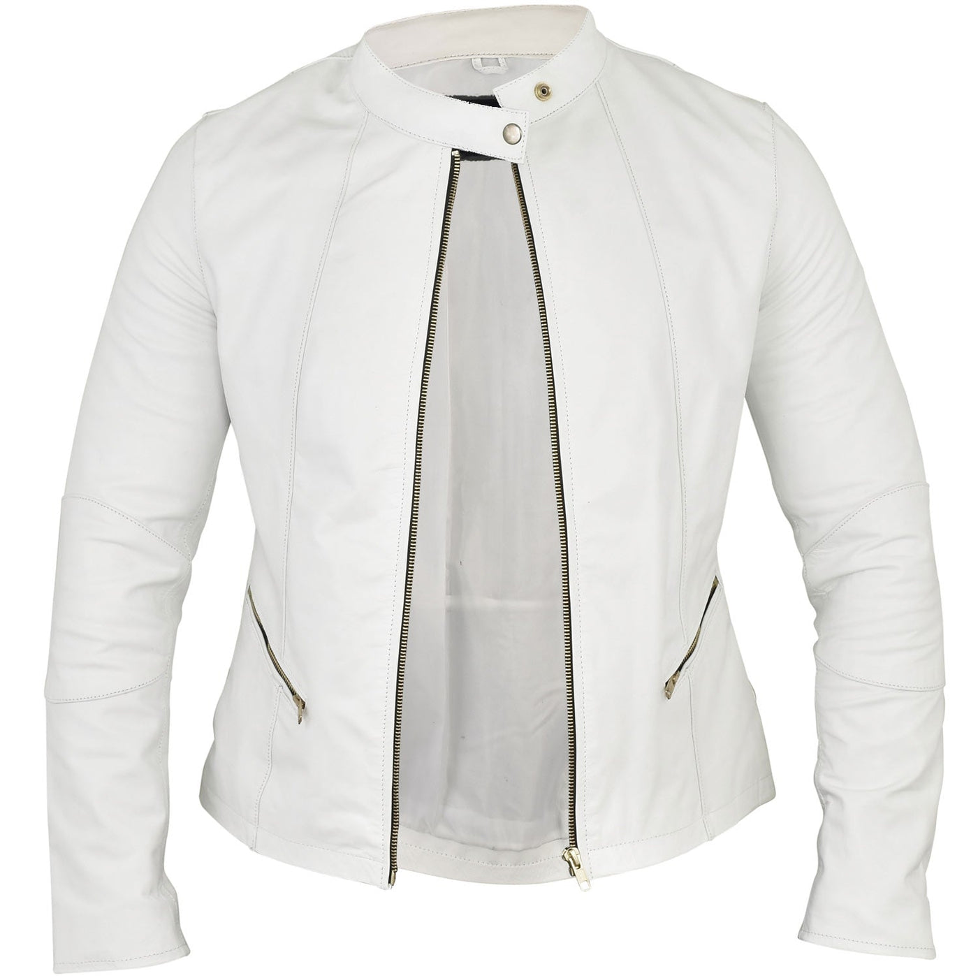 Sophia White Leather Jacket with Gold Hardware Open Front
